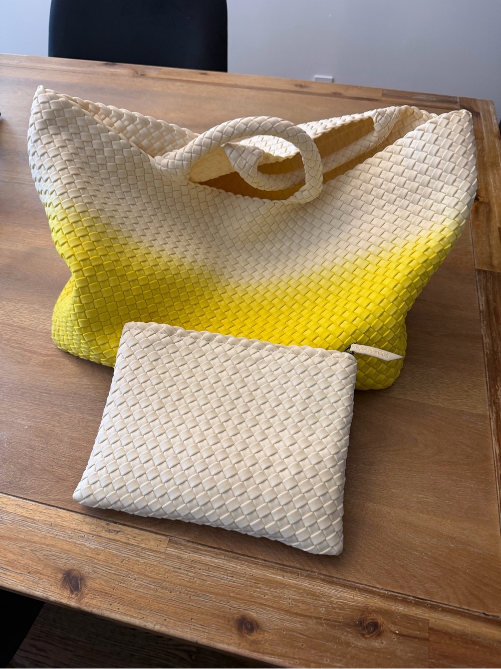 Naghedi Yellow & Cream Woven Tote with Matching Pouch